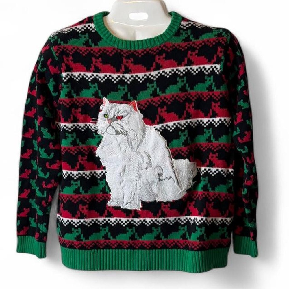 Blizzard Bay Fluffy White Cat Ugly Christmas Sweater, Men's Size L